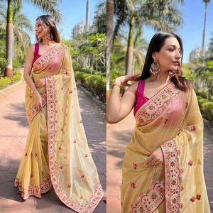 Sari en filet brodé de diamants de créateur, design ethnique moderne, lavable, non cousu, pour fêtes et mariages, pour femme Fatema - Product Image 5