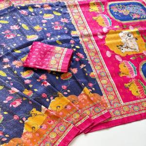 Sari en soie douce VASTRA COTTAGE, jacquard Jari, imprimé numérique Kalamkari, avec blouse à passepoil Doori - Product Image 3