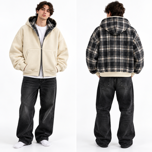 Veste à capuche réversible noire et crème à carreaux, zippée, coupe oversize, streetwear d'hiver, vente en gros personnalisée - Product Image 2