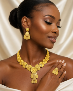 24K Gold Plated Classic Ethiopian Floral Leaf Design Wedding Charm <b>Necklace</b> Set with Earrings & <b>Ring</b> 16inches - Product Image 3