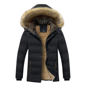 Men's Black Hooded Puffer Jacket With <b>Fur</b> <b>Trim</b> Windproof Winter Coat Casual Style Regular Fit Polyester Wadding Zipper Closure - Product Image 3