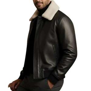Custom <b>Men</b> Black Leather <b>Jacket</b> Beige <b>Shearling</b> Fur Collar Winter Luxury Biker <b>Jacket</b> Premium Quality - Product Image 2