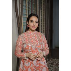 Ensemble Kurta et Sharara en coton tissé imprimé pour femme, style péplum, manches longues, doux, inspiré de la mode indienne et pakistanaise, couleur Orange Perle - Product Image 3