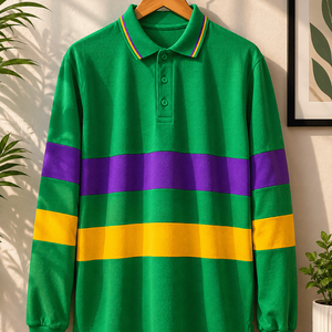 เสื้อเชิ้ตแขนยาวผู้ชายคุณภาพสูง สีพื้น แต่งแถบสีตัดกัน ปลายแขนถักแบบริบ กระดุมติดแบบปกติ สไตล์ลำลองแต่ดูดี - Product Image 1