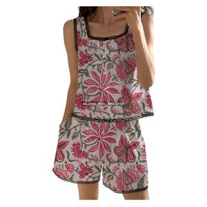 Conjunto de Pijama de Algodón Transpirable con Encaje Deslumbrante y Estampado Floral sin Mangas para Primavera/Verano, Venta al por Mayor - Product Image 2