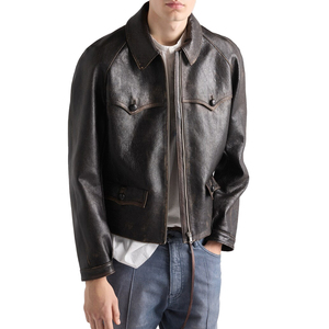 <b>Men's</b> Vintage Nappa <b>Leather</b> <b>Jacket</b> Luxury Goatskin <b>Leather</b> Zip Up Blouson <b>Jacket</b> custom OEM <b>leather</b> good manufacturer - Product Image 1