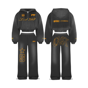 Conjunto Deportivo Informal Transpirable con Estampado, Sudadera con Capucha y Cremallera Completa Negra, Pantalones, 100% Algodón, Corte Regular, Unisex, Adulto, Invierno - Product Image 1