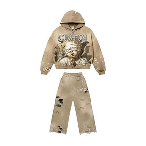 ชุดเซ็ตฮู้ดดี้ซิปแบบครอปแต่งดีเทลขาดๆ พร้อมกางเกงวอร์มขาบานทรงหลวมประดับคริสตัล สไตล์สตรีทแวร์ - Product Image 1