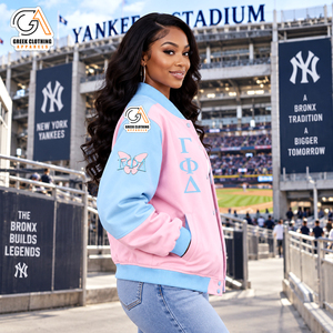 Custom Gamma Phi Delta Sorority Varsity Jacket Sky Blue pink Full Sleeve Covered <b>Button</b> 1943 Women's Outerwear Waterproof - Product Image 3