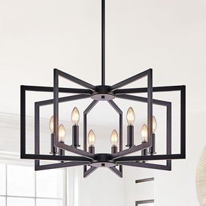 27\" Modern Industrial Metal Pendant <b>Light</b> Fixture Black Geometric 8 <b>Light</b> Chandelier for Living <b>Dining</b> or Kitchen - Product Image 1