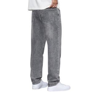 <b>Mens</b> Solid Grey Washed Breathable Loose Fit Wide Leg Denim <b>Jeans</b> with Panel Stitch Design for Spring Casual Comfort - Product Image 2