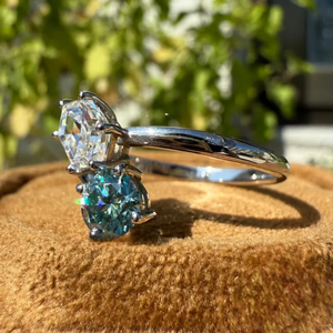 Elegant Toi et Moi <b>Ring</b> with Blue and Clear Stones Lab-grown Diamonds, Minimal Open Band Design Perfect for Daily Wear For Women - Product Image 1