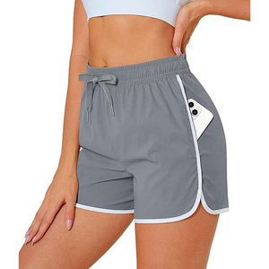 <b>Grey</b> <b>Women</b> Gym <b>Shorts</b> Polyester Contrast Trim Yoga <b>Shorts</b> with Drawstring Side Pocket Quick Dry Breathable Running <b>Shorts</b> - Product Image 1