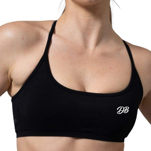 Soutien-gorge de sport noir personnalisé pour femme avec logo, col rond, fines bretelles, sans couture, haut court d'entraînement, ensemble de fitness et de gym, vêtements de sport en gros - Product Image 6
