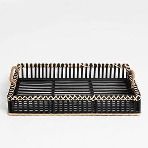 Bandeja rectangular de bambú negro, bandeja decorativa con asas de cuerda, bandeja para servir comida, para mesa de café, decoración del hogar - Product Image 1