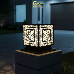 Lampe de poteau LED géométrique de luxe, lanterne extérieure en acier noir de 8 pouces pour villa, lampe de colonne d'entrée blanc chaud 220V - Product Image 6