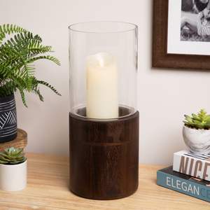 Porte-bougie en verre sur base en bois foncé, style rustique moderne, accessoire décoratif pour le salon et la chambre à coucher - Product Image 1