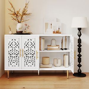 Buffet vintage en bois sculpté de 47,8 pouces, 4 portes, avec rangement, pour salon et salle à manger - Product Image 1