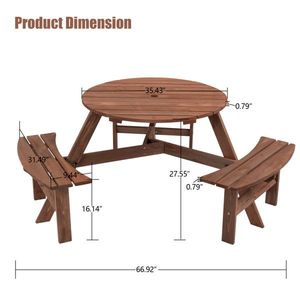 Table de pique-nique circulaire en bois pour 6 personnes avec 3 bancs intégrés pour terrasse extérieure, jardin ou parc, couleur marron - Product Image 2