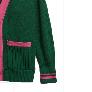 Women's Green Pink Color Blocking V-neck Cardigan Full Sleeve Casual Knitted Sweater Autumn Wear Anti-Pilling 100% Acrylic - Product Image 4