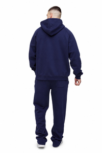 Survêtement Classique Homme Bleu Marine Zippé Intégral Deux Pièces avec Capuche Coupe Droite Décontractée Mélange Coton Logo Frontal Personnalisable - Product Image 3