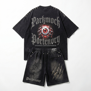 Conjunto de Camiseta y Pantalones Cortos Estilo Punk para Hombre Parkmock, Estampado Gráfico de Ojo Negro, Cuello Redondo, Ropa Urbana de Verano - Product Image 2