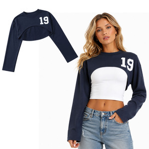 Premium <b>Layered</b> Shrug Extreme Crop women's shirt Long Sleeve Crew Neck Custom Number Print Cotton Varsity Graphic Bolero <b>Top</b> OEM - Product Image 1