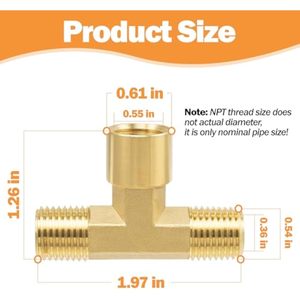 Conexión en T de latón para tuberías, con rosca NPT hembra de 1/4'', rosca NPT macho de 1/4'' y rosca NPT hembra de 1/4'' - Product Image 3