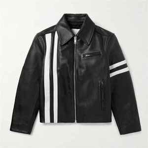 Veste de moto pour homme en cuir véritable respirant, écologique, coupe-vent, col rabattu, manches unies, fermeture éclair, coupe ajustée - Product Image 4