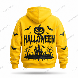 Sweat-shirt à capuche graphique personnalisé pour Halloween, pour hommes et femmes, jaune, avec impression 3D de citrouille, chauve-souris et maison hantée, en molleton de coton - Product Image 3