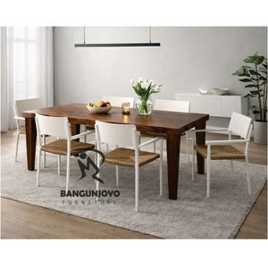 Eco-Friendly Durable Dining <b>Table</b> Set with Monkey Pod Wood and Iron Chairs Wrapped in Synthetic Woven Rope Modern Design - Product Image 2