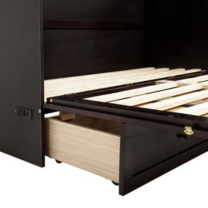 Cama Murphy tamaño Queen de madera de pino color espresso con estación de carga y panel de ratán plegable para apartamentos - Product Image 4