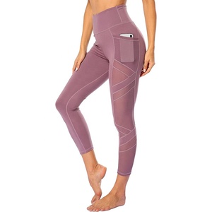 High Waist <b>Cropped</b> <b>Leggings</b> With Pockets Solid Color Sporty Style Spandex Nylon Knitted Stretch Breathable Quick Dry Women's - Product Image 5
