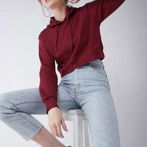 Sudadera Corta para Mujer Color Granate, Informal, de Manga Larga, Algodón Suave, Estilo Urbano - Product Image 4