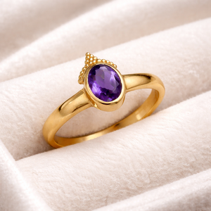 Brass Amethyst 5x7mm Oval Faceted Bezel Set Fixed Size Minimal Halo Glam <b>Statement</b> <b>Ring</b> Handmade Jewelry - Product Image 5