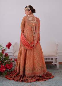 Orange Red Modern Embroidered Appliques Bridal <b>Lehenga</b> Choli Wedding Dress Long Sleeve Floor Length Chiffon A-Line Sweep Train - Product Image 3