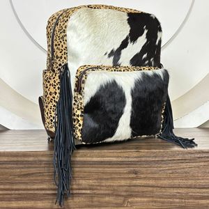 Sac à dos en cuir de vache véritable de haute qualité personnalisé avec franges, imprimé léopard en peau de vache, sac à langer bohème, style western, sacs de voyage - Product Image 5