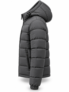 Men's Hooded Puffer <b>Jacket</b> Solid Black Polyester Wadding Windproof Zipper Closure <b>Casual</b> Winter Coat - Product Image 2