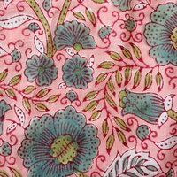 Kain Katun Motif Bunga Pink Cetak Tangan Per Yard |   Cetakan Buta Bunga Biru |   Tekstil Sanganeri Buatan Tangan India untuk Gaun