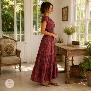 Vestido Maxi de Alta Calidad con Cuello en V y Estampado Floral, Mangas Abullonadas, Estilo Boho, Tejido de Punto Transpirable, Vestido Casual para Primavera y Otoño - Product Image 3
