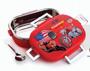 Boîte à lunch STEELO avec cuillère intégrée, boîte à lunch rectangulaire en plastique rouge avec drapeau américain et motif moto, compartiment unique - Product Image 3