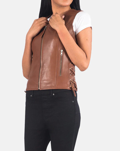 Premium Quality <b>Women's</b> <b>Brown</b> PU Leather Sleeveless Biker <b>Vest</b> With Zipper And Side Lacing Moto Style Outerwear 2026 Wholesale - Product Image 1