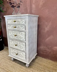 Solid Mango Wood 5 Drawer Whitewash Carved <b>Bedside</b> Table Rustic Storage Nightstand Vintage Bedroom Furniture - Product Image 3