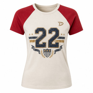 Women's Cotton Raglan Sleeve T-Shirt <b>Red</b> White Logo Print Casual O-Neck Regular Fit Breathable Jersey Short Sleeve - Product Image 1
