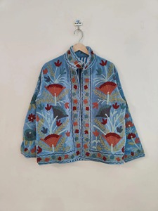 Veste en coton brodée florale bohème bleue, col mandarin, manches longues, vêtements décontractés pour adultes, tenue de printemps - Product Image 1