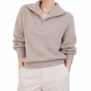 Suéter de punto para mujer con media cremallera, cuello alto, suave, informal, holgado, de invierno, de alta calidad, premium. - Product Image 2