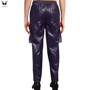 Sleek Blue Color Multi Side Pocket Style Good Supplier Fully Customized Stretchable Material Zippered Slim Fit Faux Leather Pant - Product Image 5