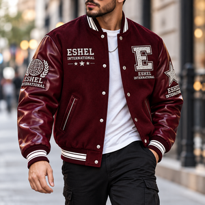 Chaqueta Varsity Borgoña para Hombre, con Mangas de Cuero, Letra Bordada, Botones a Presión, Abrigo Casual de Invierno - Product Image 1
