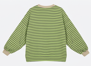เสื้อสเวตเชิ้ตผู้หญิงลายทางทรงโอเวอร์ไซส์ สีเขียวมะนาว ชาร์โคล คัลเลอร์บล็อก ไหล่ตก สไตล์ลำลอง ทรงหลวม - Product Image 3