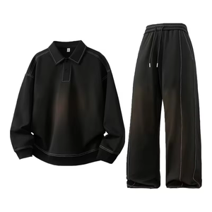 Men's Sportswear Set Solid Color Versatile Turtleneck POLO Sweatshirt Straight-Leg Long Pants Fleece 100% Cotton Quick Dry - Product Image 1